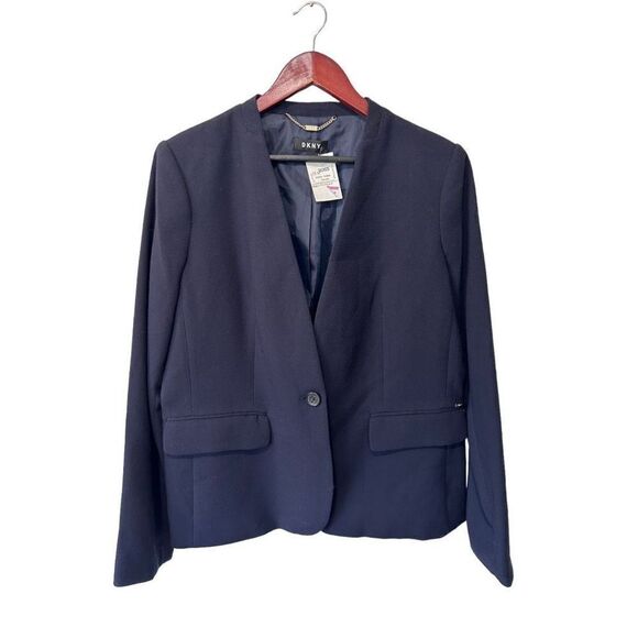 NWT NEW DKNY Navy Blue Women’s One Button Padded Shoulder Jacket Blazer Size 14 - Picture 1 of 10